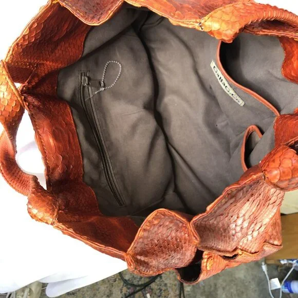 Tote Bag Womens Orange Python Snakeskin Leather Large Shoulder Handbag - Picture 9 of 16